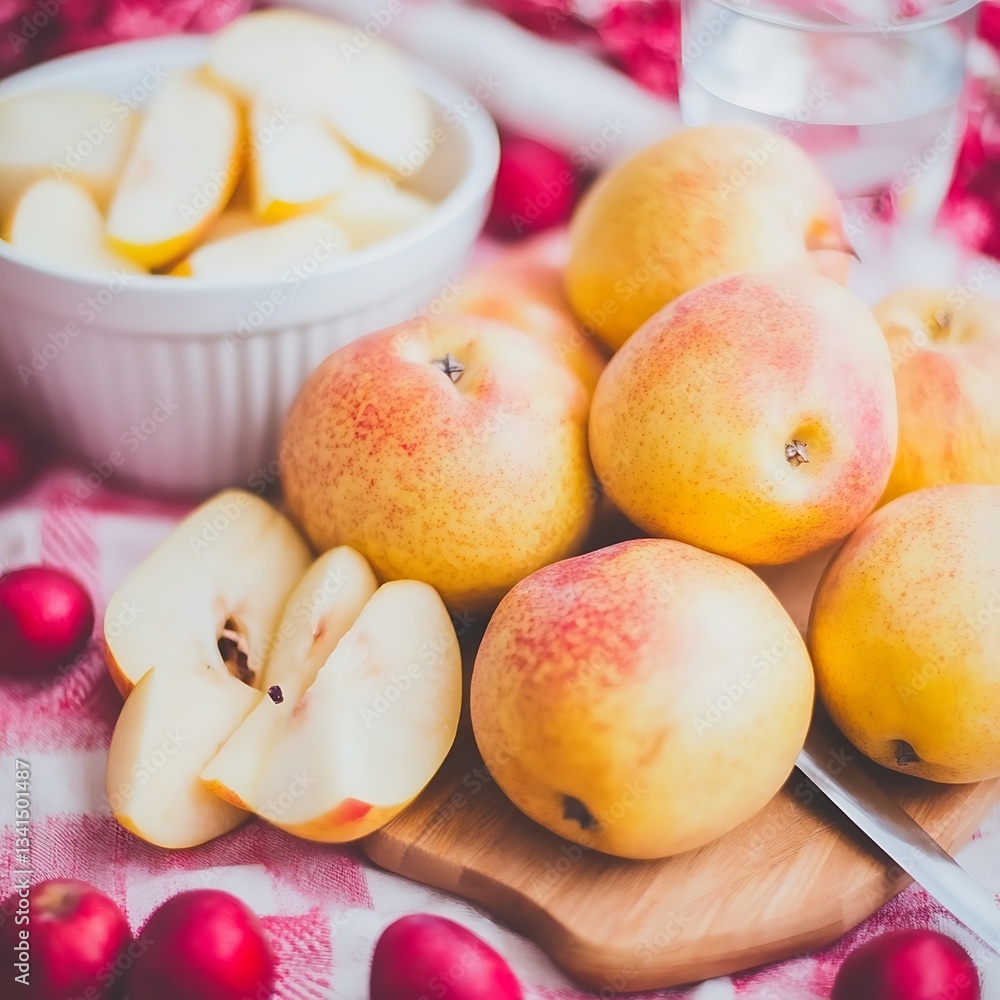Fresh ripe apples and plums displayed on a patterned tablecloth Fresh ripe apples and plums displayed on a patterned tablecloth