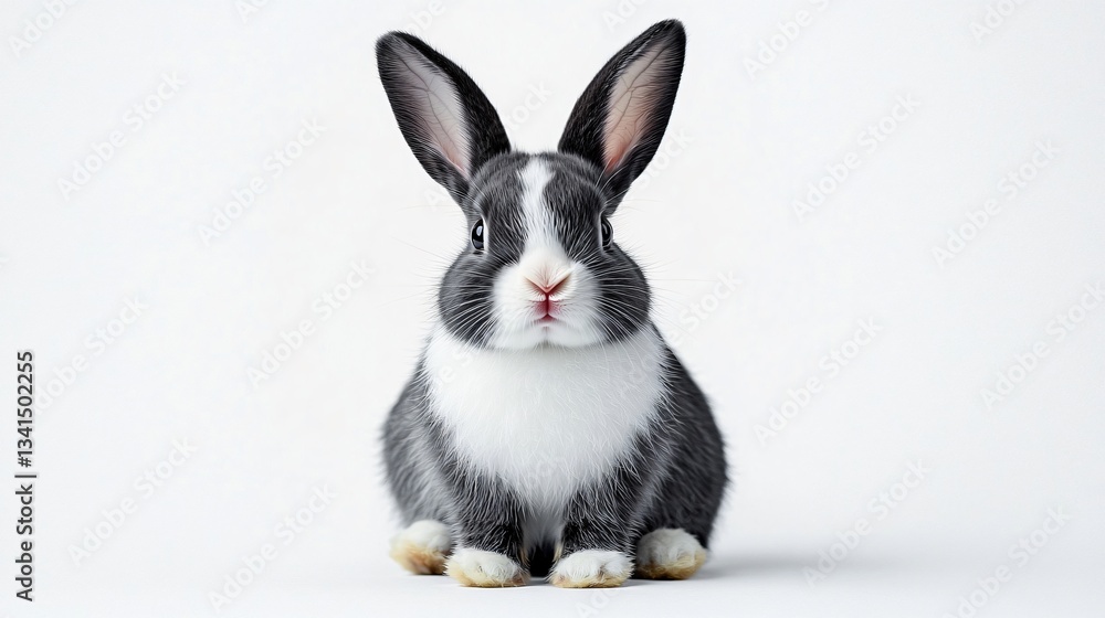 Fototapeta premium Charming close-up of a fluffy black and white bunny, perfect for Easter greetings, pet care themes, or children's products with ample copy space for branding.