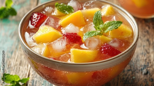 A bowl of tropical fruit punch with ice cubes photo