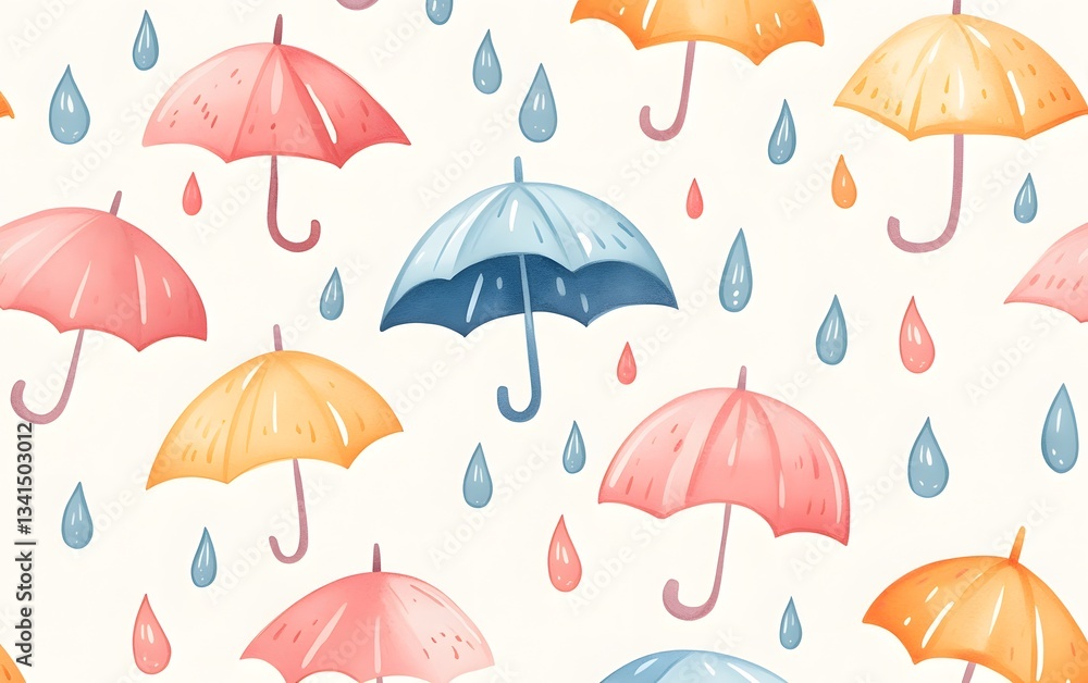 Obraz premium Gentle watercolor raindrops, umbrellas, and puddles creating a soft and dreamy rainy-day pattern