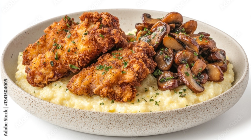 Fried chicken thighs paired with creamy polenta and a garnish of sauteed wild mushrooms Fried chicken thighs paired with creamy polenta and a garnish of sauteed wild mushrooms