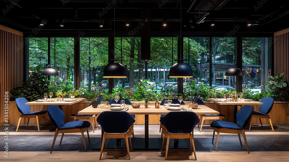 Fototapeta premium Modern restaurant interior design featuring elegant dining tables and lush greenery in urban setting