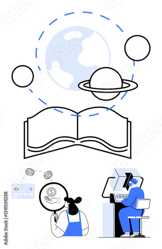 Scientists analyze planetary systems and data on computers with open book below planets and stars. Ideal for astronomy, education, research, technology, learning, innovation, scientific discovery