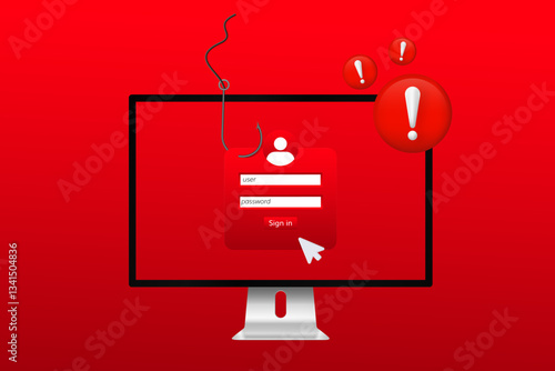 A computer screen shows a login panel with a phishing alert symbol, emphasizing online security risks.