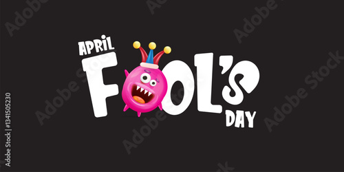 April Fools day funky horizontal banner with silly pink clown monster character isolated on black background. 1 st april fool day banner, poster, label, flyer and greeting card. Fool day print