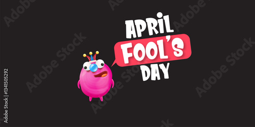 April Fools day funky horizontal banner with silly pink clown monster character isolated on black background. 1 st april fool day banner, poster, label, flyer and greeting card. Fool day print