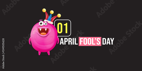 April Fools day funky horizontal banner with silly pink clown monster character isolated on black background. 1 st april fool day banner, poster, label, flyer and greeting card. Fool day print