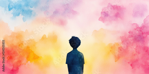 Abstract illustration of mental health, illness, depression, and isolation. A silhouette of a boy against a vibrant, colorful watercolor background, evoking a sense of wonder and exploration.