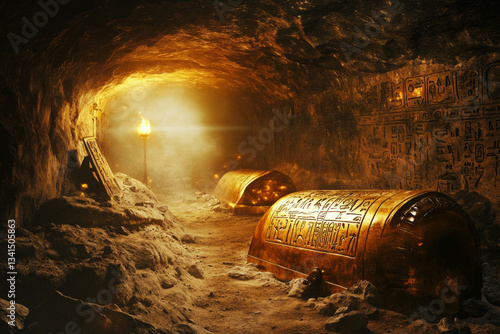 A mysterious Egyptian burial chamber 3D background room hidden deep beneath the desert, walls covered in intricate hieroglyphs, ancient golden sarcophagi resting in eerie silence, flickering torches
