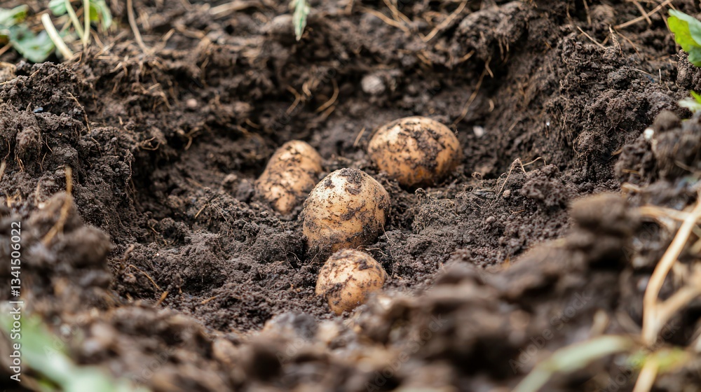 A close-up of freshly dug-up sweet potatoes in the soil A close-up of freshly dug-up sweet potatoes in the soil