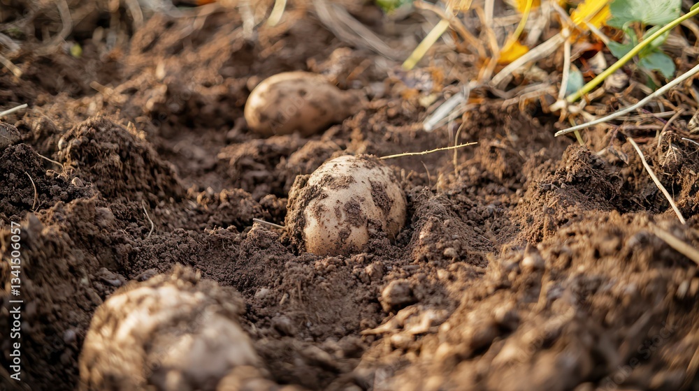 A close-up of freshly dug-up sweet potatoes in the soil A close-up of freshly dug-up sweet potatoes in the soil