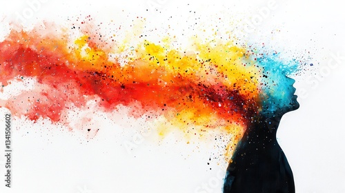 Abstract illustration of mental health, illness, depression, and isolation. Colorful abstract representation of a head with vibrant splashes of paint symbolizing creativity and emotion.