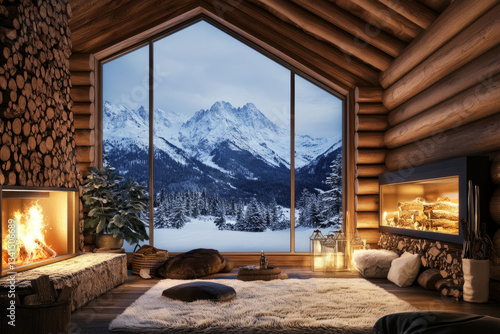 A cozy winter cabin 3D background room with a roaring fireplace, wooden log walls, and a large glass window revealing a snowy mountain landscape. Soft fur rugs and warm lighting create a welcoming and