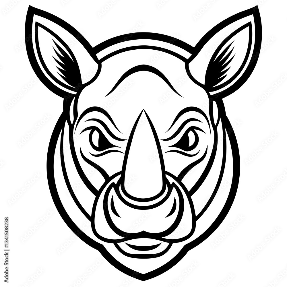 Obraz premium a close-up illustration of a rhino face with a bold black and white design. The rhino is looking straight ahead with an intense expression
