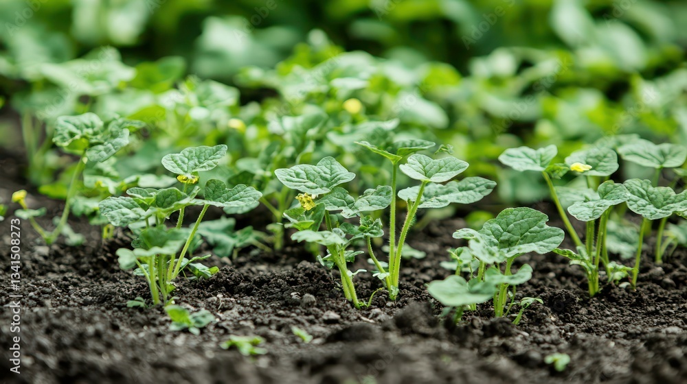 A close-up of young zucchini plants with blooming flowers A close-up of young zucchini plants with blooming flowers