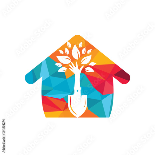 Shovel with hand tree vector logo design. Green garden environment logo design template.	