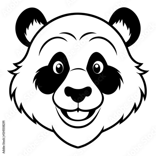 a cheerful panda face with a smiling expression in black and white, representing a friendly and approachable mascot