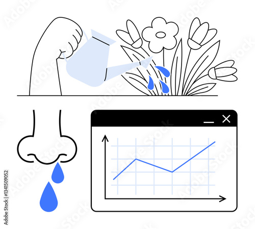 Hand watering flowers representing care, a runny nose indicating allergies, and a graph showing upward growth trends. Ideal for health, environment, data growth, analysis, care, wellness seasonal