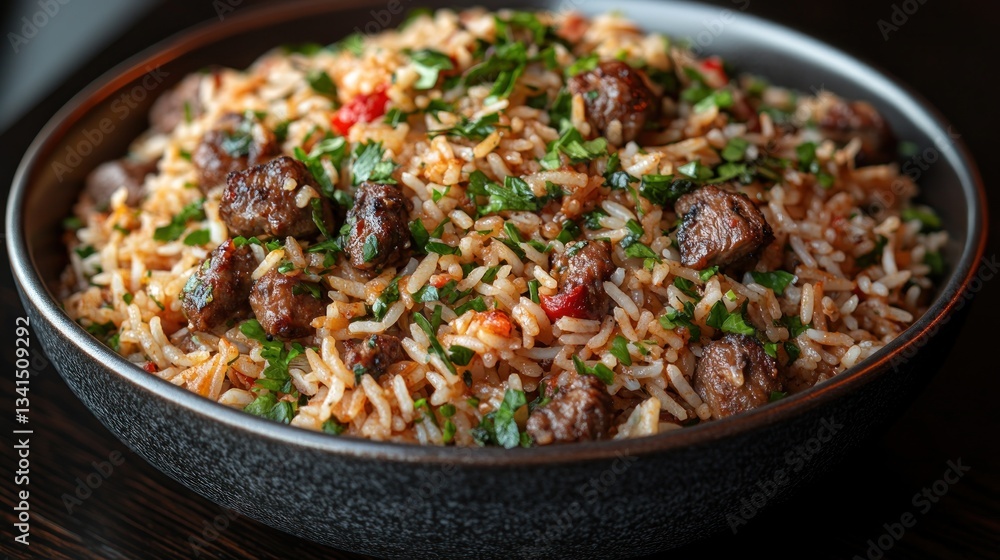 Beef and Rice Dish in Dark Bowl on Wood Table Beef and Rice Dish in Dark Bowl on Wood Table