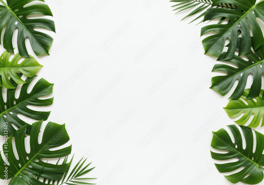 Naklejka premium Minimalist Flat Lay of Monstera and Tropical Leaves on Side with Large White Space – Clean and Balanced Botanical Composition