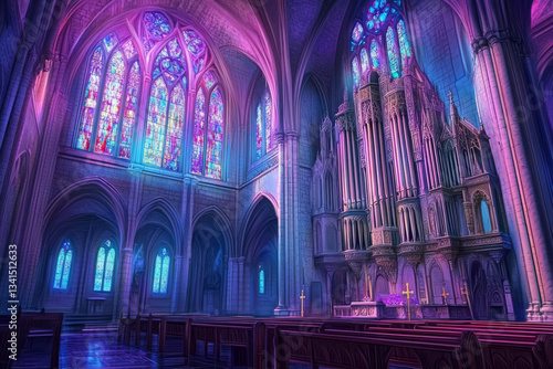 A grand gothic cathedral 3D background room with towering stained-glass windows casting multicolored light, ancient stone archways, massive wooden pews, and an enormous pipe organ producing deep,