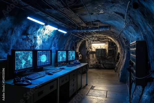 A top-secret underground military bunker 3D background room with high-tech monitors displaying strategic battle plans, steel walls reinforced with thick security plating, soldiers monitoring encrypted