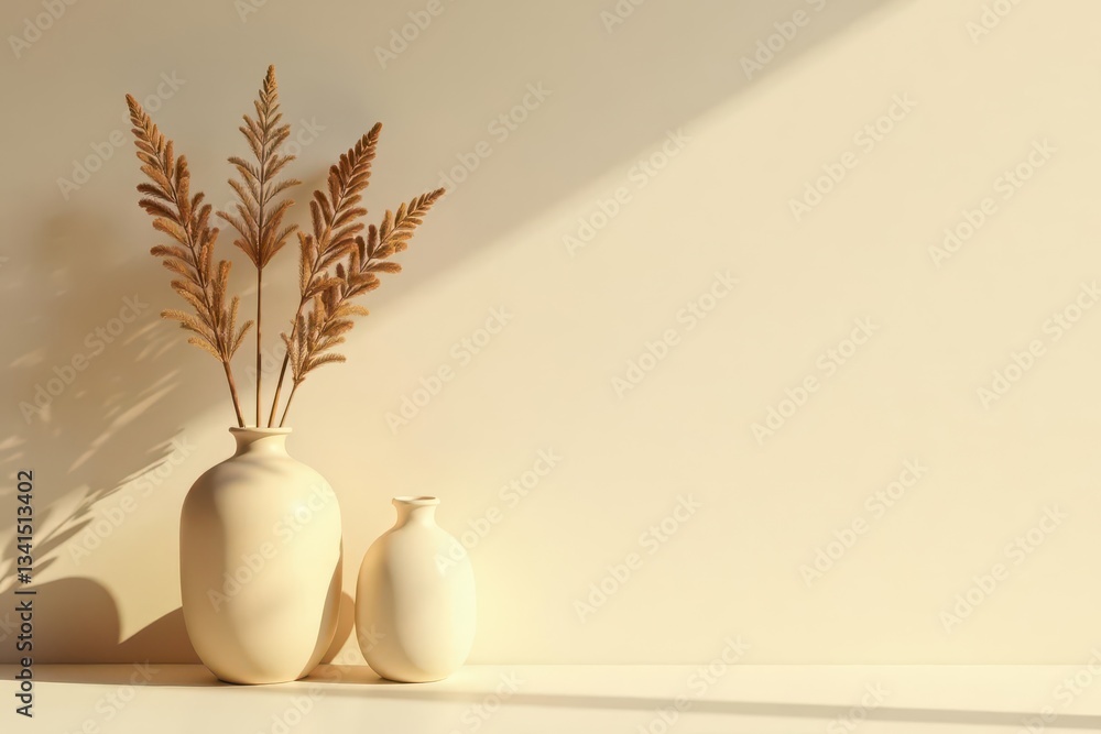 Naklejka premium Sunlit beige pottery vases, dried flowers, minimalist aesthetic, beauty, texture, serenity