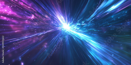 A dynamic 3D background with pulsating waveforms made of light particles. The scene resembles a futuristic sound visualization, with bright blue and purple streaks of light forming an abstract