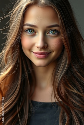 Portrait of a Young Woman with Long Brown Hair and Striking Green Eyes in Natural Light