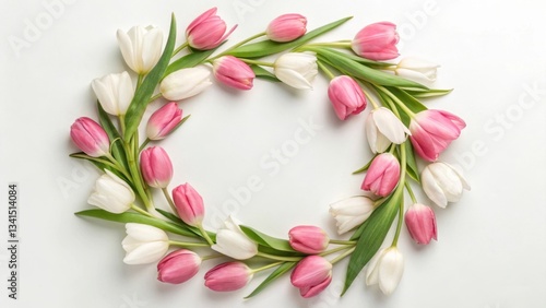 Wallpaper Mural Pink and White Tulip Wreath in Circular Arrangement, Minimalist Floral Design, Against Clean White Background with Copy Space Torontodigital.ca