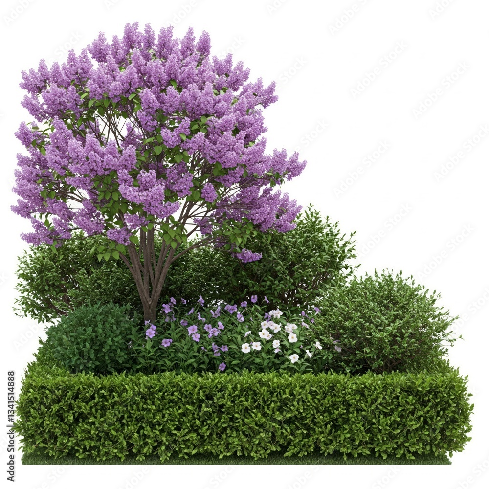 Obraz premium Cut out landscape design. Lilacs and flower bed. Flower hedge isolated on white background.,Garden design. Flowering shrub and green plants for landscaping. Decorati
