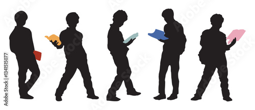 Silhouettes of school boys holding a book. The children are wearing backpacks and appear to be students. Black vector illustrations set isolated on transparent background