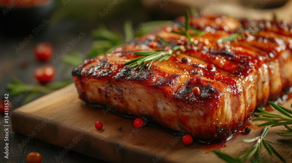 Grilled pork belly with rosemary and red pepper sauce. Grilled pork belly with rosemary and red pepper sauce.