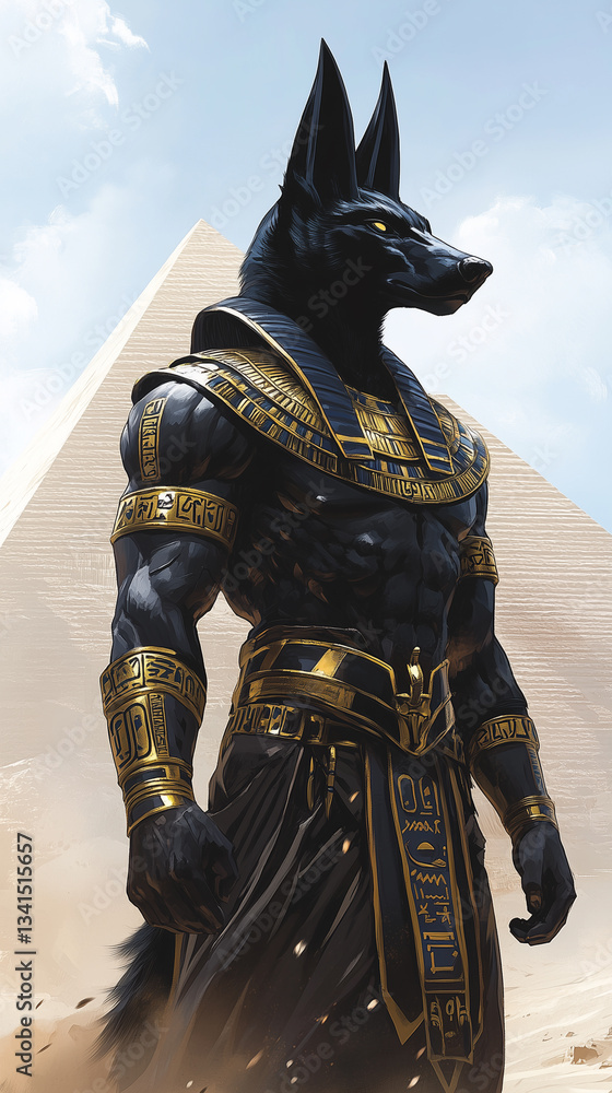 Fototapeta premium A striking, high-quality image of Anubis standing against a pyramid backdrop