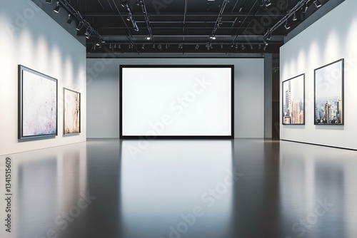 Modern Gallery Interior with Blank Screen Display
