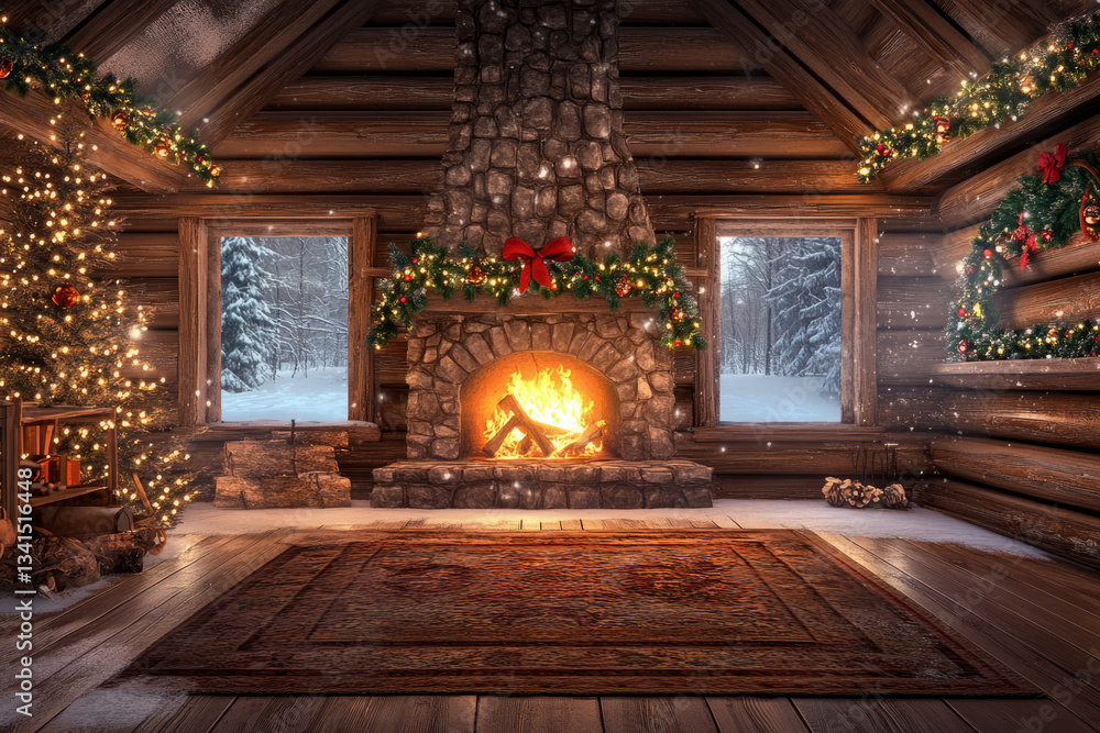 A magical snow-covered cabin interior 3D background room with a crackling stone fireplace, wooden walls adorned with festive decorations, a warm woolen rug covering the floor, frosted windows