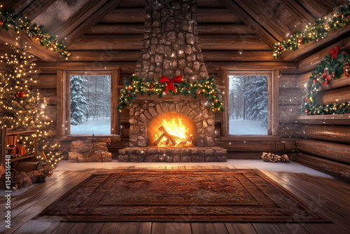 A magical snow-covered cabin interior 3D background room with a crackling stone fireplace, wooden walls adorned with festive decorations, a warm woolen rug covering the floor, frosted windows