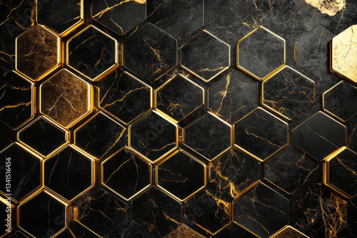 A luxury 3D background where golden hexagonal tiles contrast against a deep black marble surface. The polished reflections and intricate details create a premium, elegant look, suitable for high-end