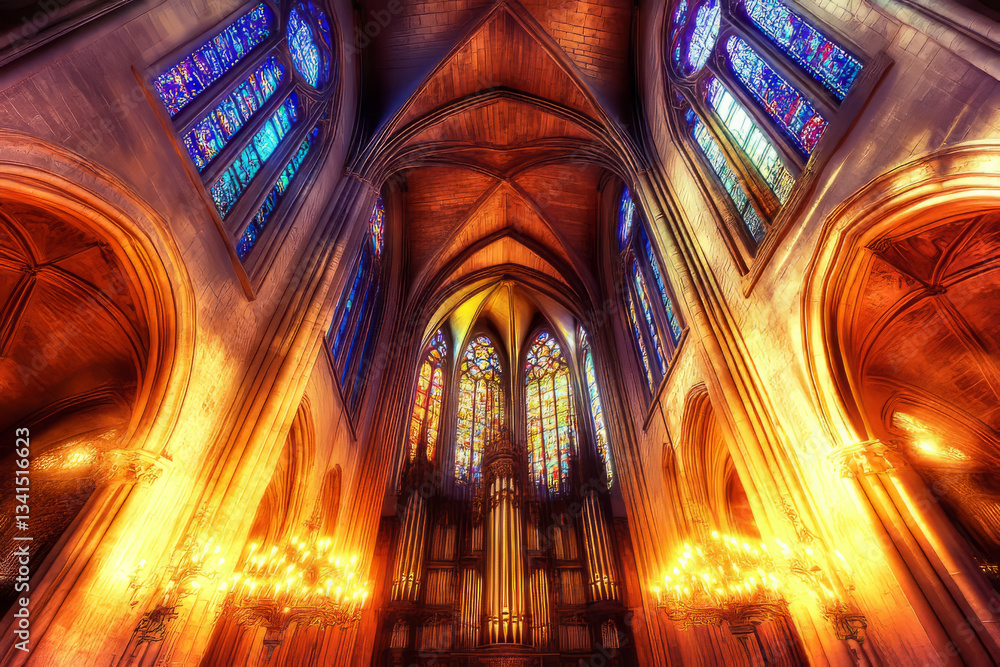 A grand gothic cathedral 3D background room with towering stained-glass windows casting ethereal colored light, massive stone arches stretching into the heavens, flickering candlelit chandeliers, and