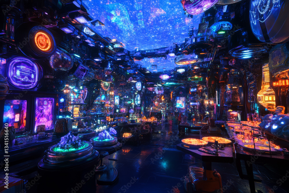 A high-tech intergalactic marketplace 3D background room filled with exotic alien vendors selling mysterious glowing artifacts, robotic traders negotiating deals, floating currency exchangers flashing