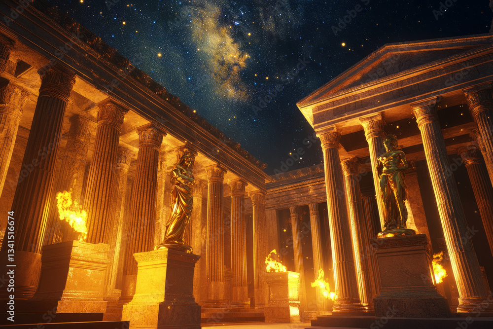 A colossal ancient Greek temple 3D background room with towering marble columns, golden statues of gods, and an open roof revealing the starry sky. The massive torches cast flickering shadows, evoking