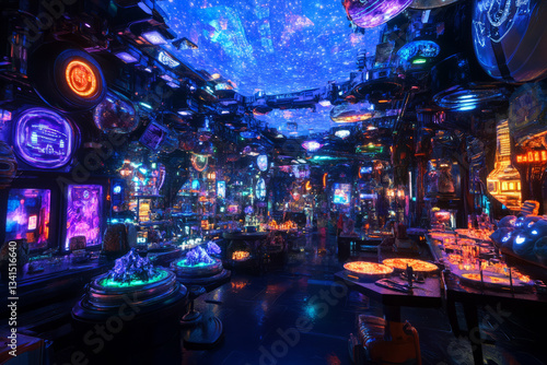 Obraz na płótnie A high-tech intergalactic marketplace 3D background room filled with exotic alien vendors selling mysterious glowing artifacts, robotic traders negotiating deals, floating currency exchangers flashing w salonie