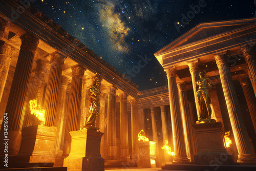 Obraz na płótnie A colossal ancient Greek temple 3D background room with towering marble columns, golden statues of gods, and an open roof revealing the starry sky. The massive torches cast flickering shadows, evoking w salonie
