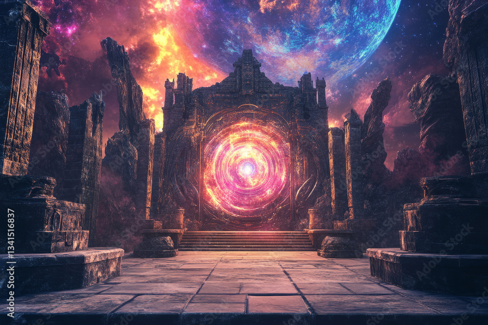 A mystical portal chamber 3D background with an enormous glowing gateway pulsating with arcane energy, floating stone platforms, and a sky filled with shifting celestial patterns. The magical ambiance
