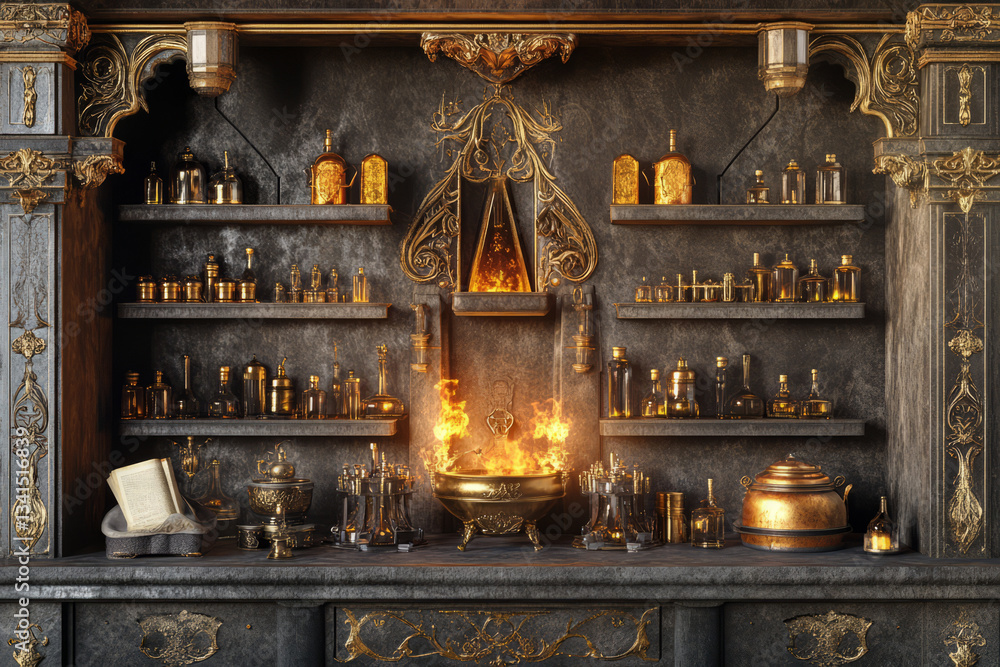 A majestic royal alchemy lab 3D background room with golden potion flasks glowing on glass shelves, ancient scrolls filled with powerful spells, bubbling cauldrons emitting mystical fumes, and a
