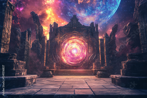 A mystical portal chamber 3D background with an enormous glowing gateway pulsating with arcane energy, floating stone platforms, and a sky filled with shifting celestial patterns. The magical ambiance