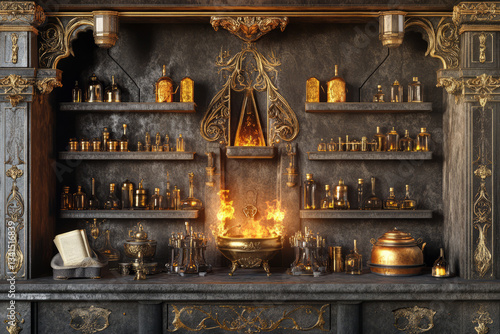 Obraz na płótnie A majestic royal alchemy lab 3D background room with golden potion flasks glowing on glass shelves, ancient scrolls filled with powerful spells, bubbling cauldrons emitting mystical fumes, and a w salonie