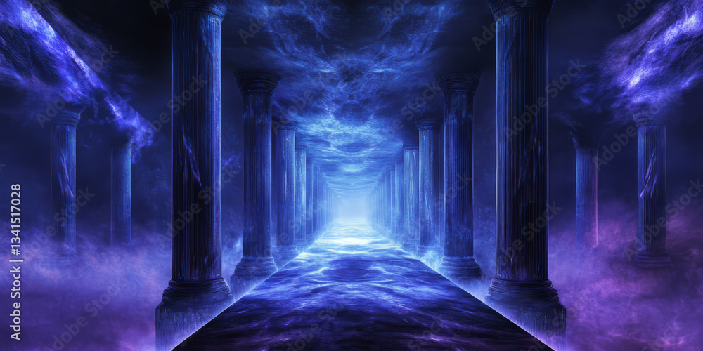A surreal 3D background portraying an endless corridor lined with glowing vertical pillars. The atmospheric fog and deep blue and purple hues enhance the mysterious and futuristic ambiance of the