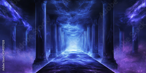 Obraz na płótnie A surreal 3D background portraying an endless corridor lined with glowing vertical pillars. The atmospheric fog and deep blue and purple hues enhance the mysterious and futuristic ambiance of the w salonie