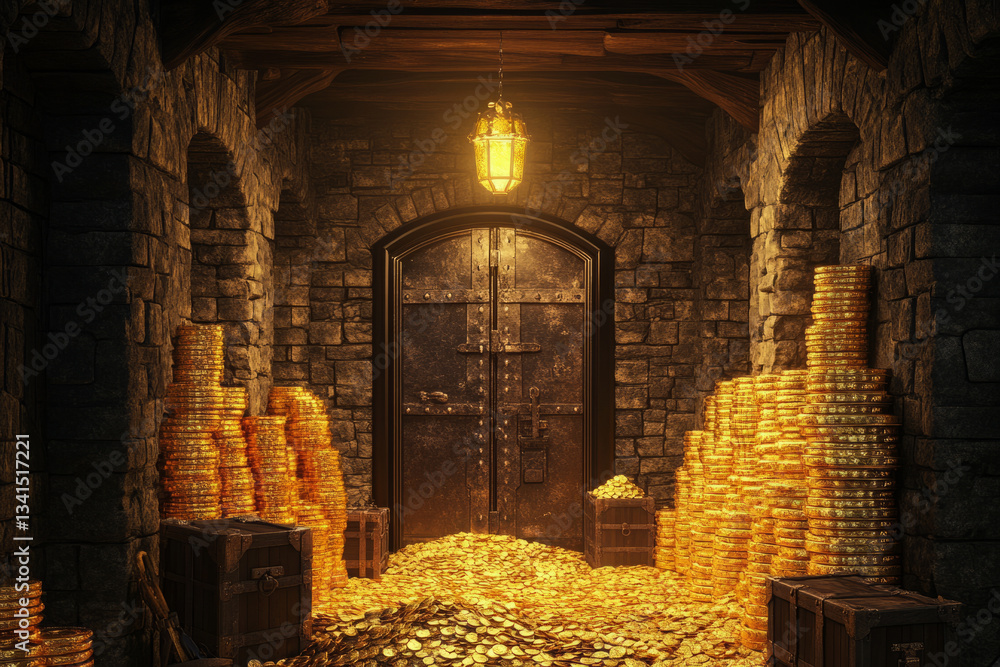 A grand royal treasure vault 3D background room with walls lined with towering stacks of gold coins, massive gem-encrusted chests overflowing with riches, ancient relics gleaming under torchlight, and